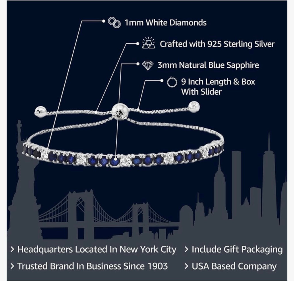 Gem Stone King 925 Sterling Silver Blue Sapphire and White Diamond Tennis Bracelet Jewelry for Women (2.05 Cttw, Gemstone Birthstone, Fully Adjustable Up to 9 Inch)