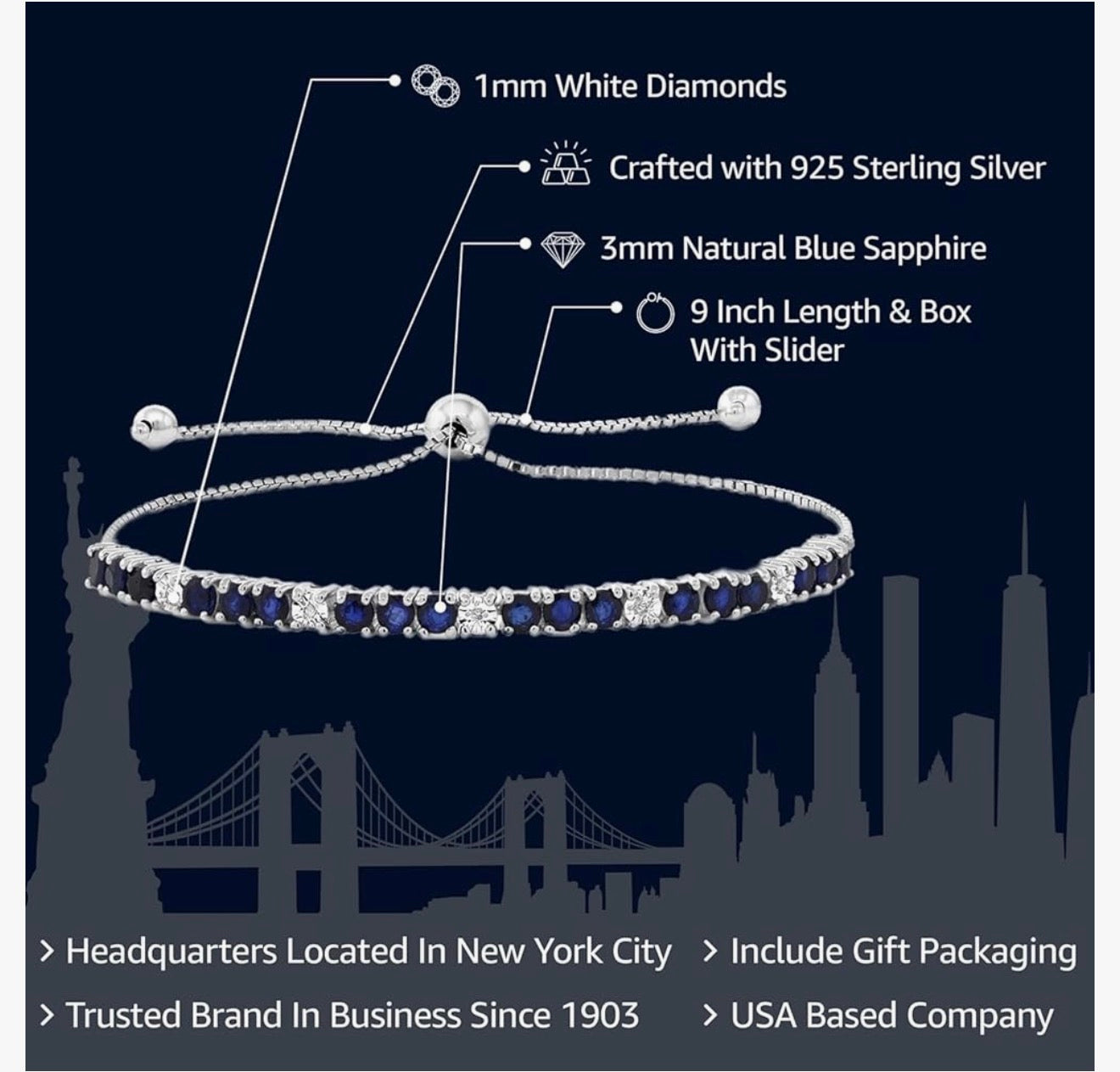 Gem Stone King 925 Sterling Silver Blue Sapphire and White Diamond Tennis Bracelet Jewelry for Women (2.05 Cttw, Gemstone Birthstone, Fully Adjustable Up to 9 Inch)