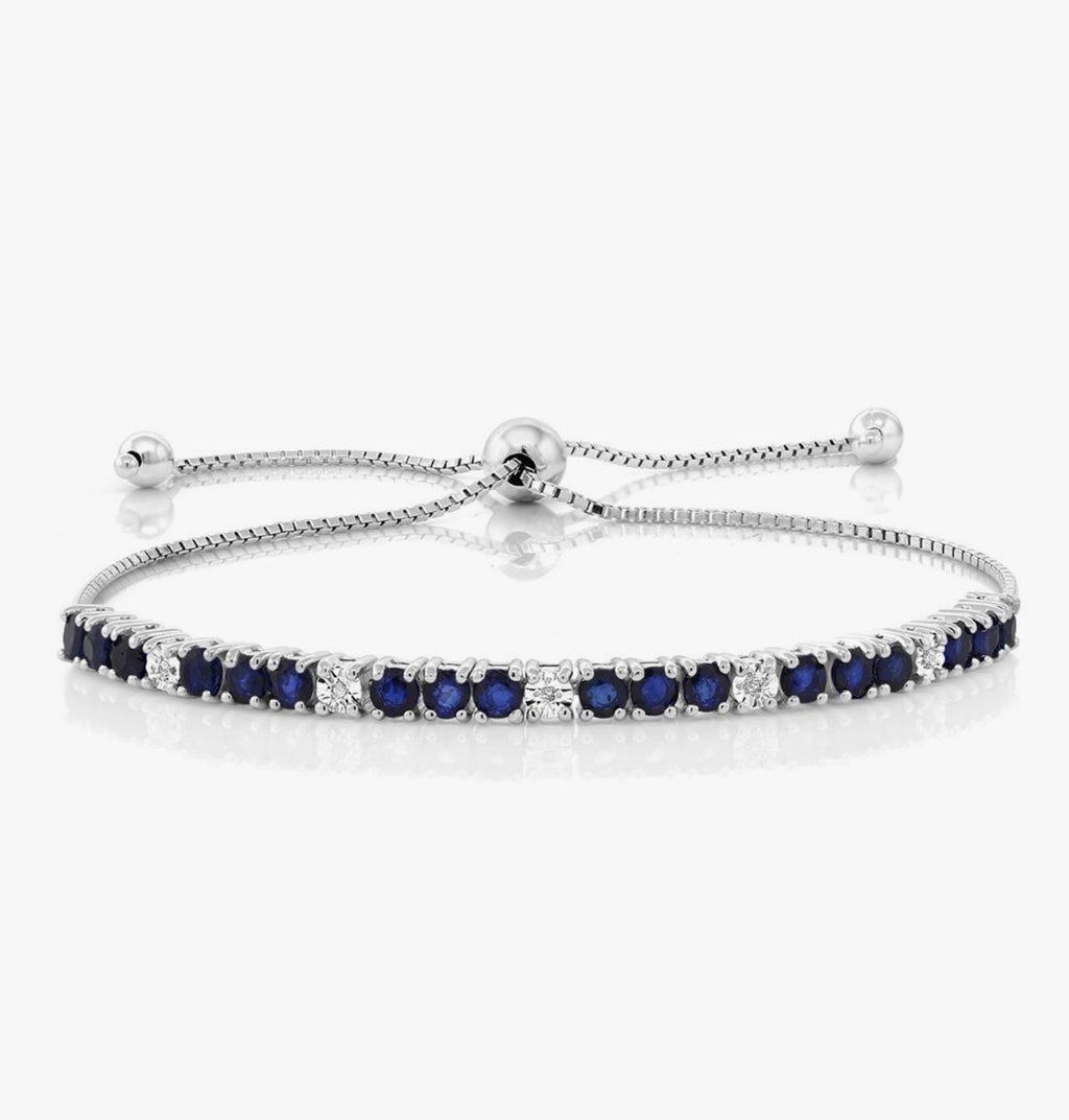 Gem Stone King 925 Sterling Silver Blue Sapphire and White Diamond Tennis Bracelet Jewelry for Women (2.05 Cttw, Gemstone Birthstone, Fully Adjustable Up to 9 Inch)