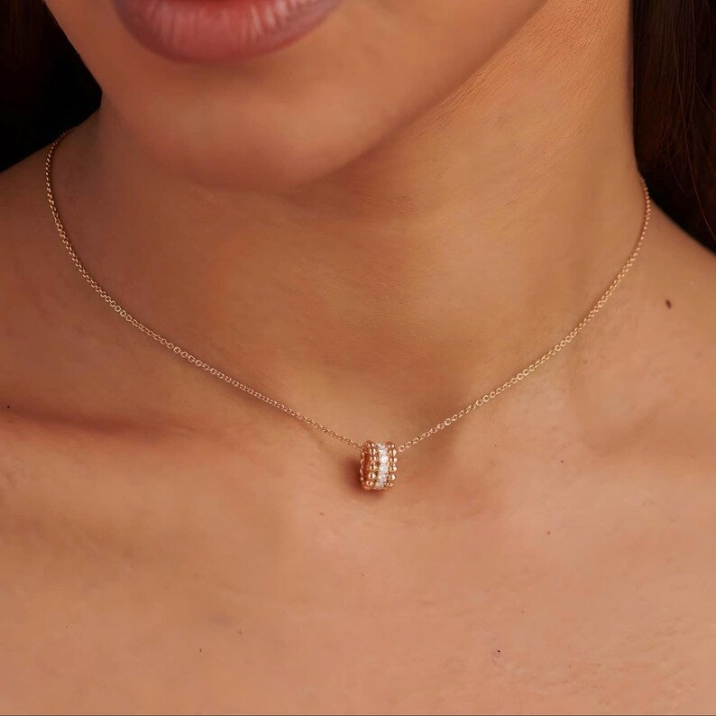 Moissanite Barrel Pendant Necklace: 14K Gold or Sterling Silver Tube