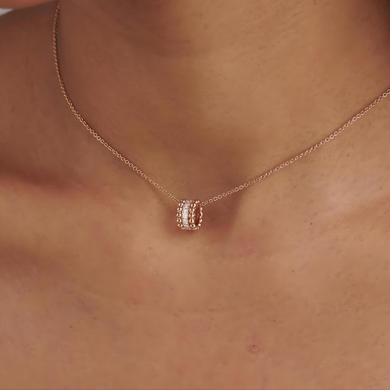 Moissanite Barrel Pendant Necklace: 14K Gold or Sterling Silver Tube