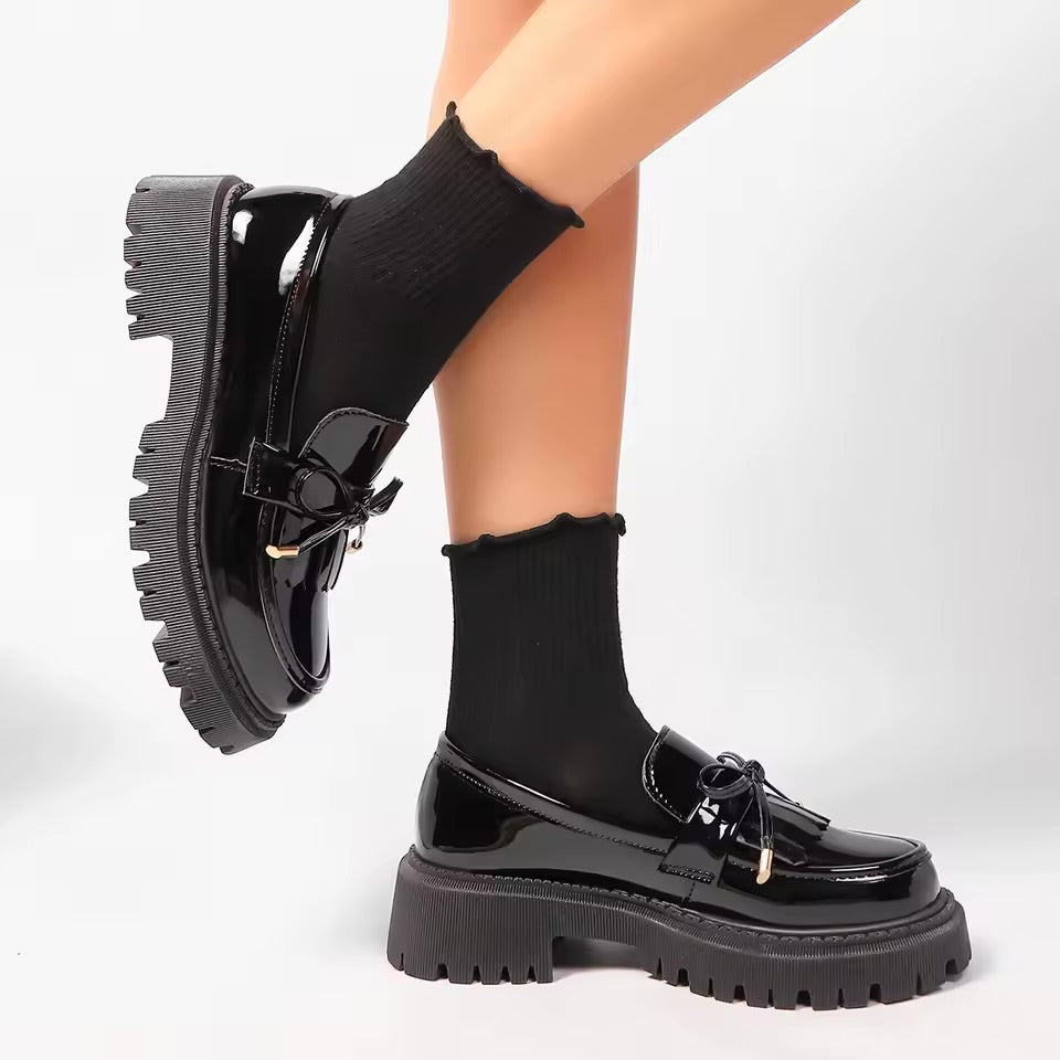 grande taille 42 été noir Vintage plate-forme chaussures plates femmes facile à mettre sur papillon noeud Med talons mocassins chaussures quotidiennes