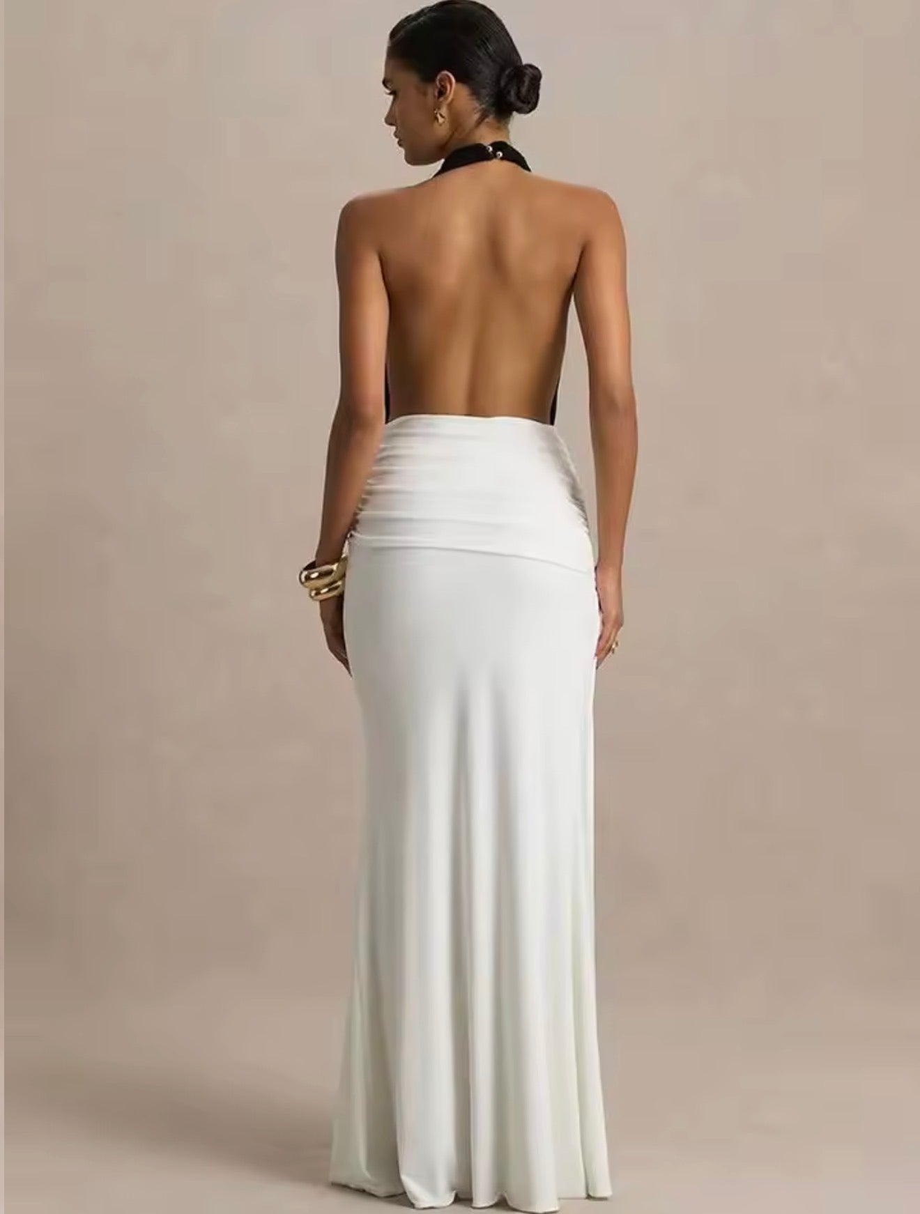 Blifanbo licou col en V profond Sexy robe Maxi femmes Patchwork sans manches taille haute dos nu froncé fendu Club fête longue robe