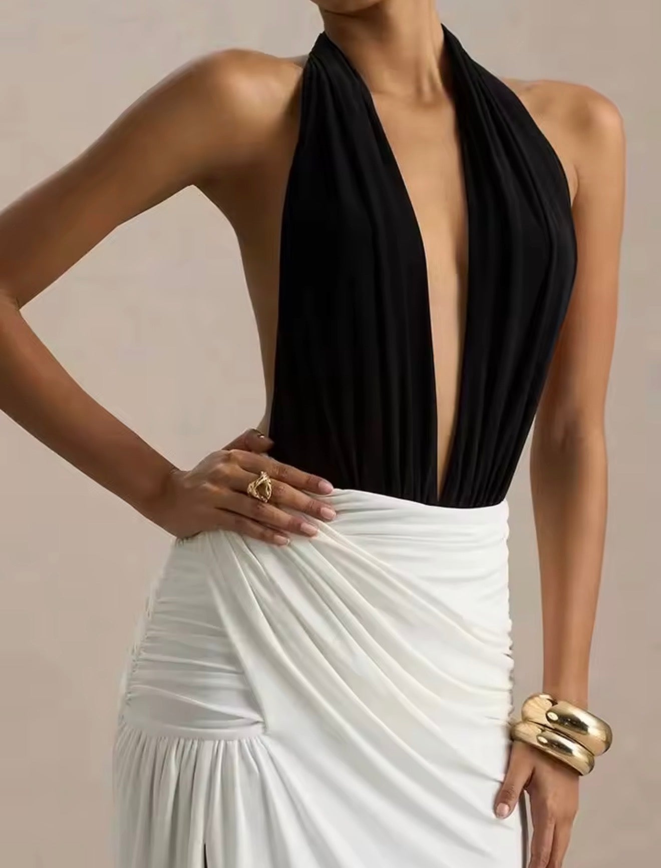 Blifanbo licou col en V profond Sexy robe Maxi femmes Patchwork sans manches taille haute dos nu froncé fendu Club fête longue robe