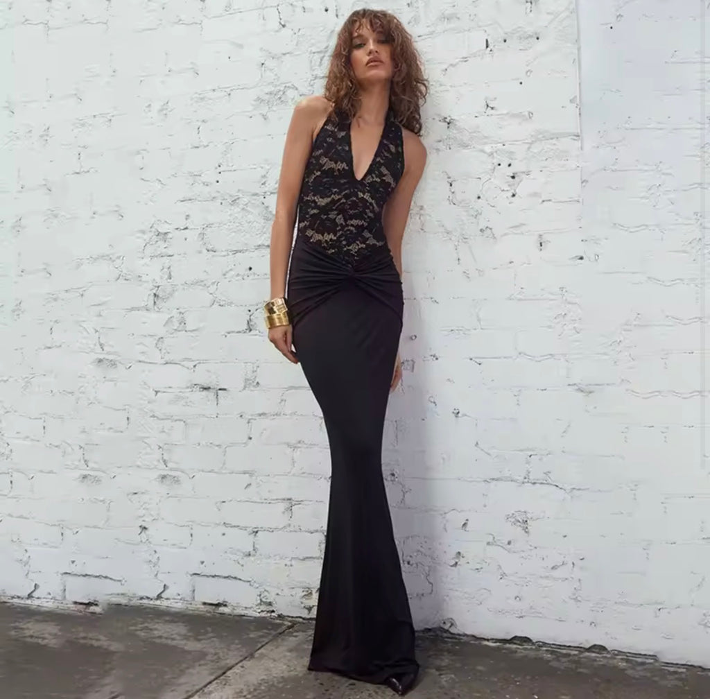 Blifanbo dentelle Sexy col en V licou Robe Maxi femmes épaules dénudées sans manches dos nu mode Robe Club fête Robe de soirée élégante